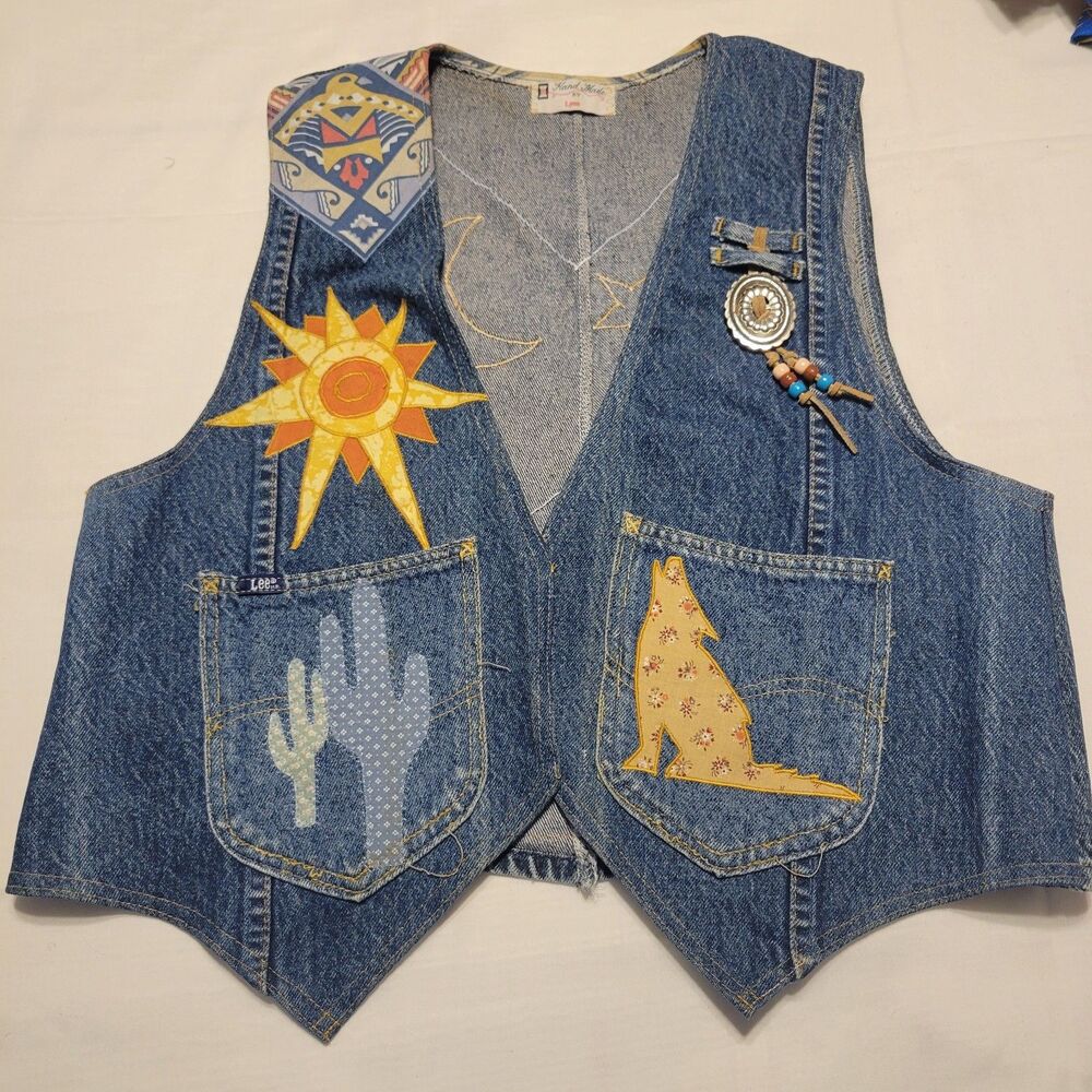Custom Handmade Denim Jean Vest Embroidered Western Cowboy Women's Size M/ L